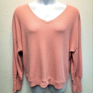 SANCTUARY Women's 1X V- Neck Long Sleeve Waffle Knit Drop Shoulder Sweater